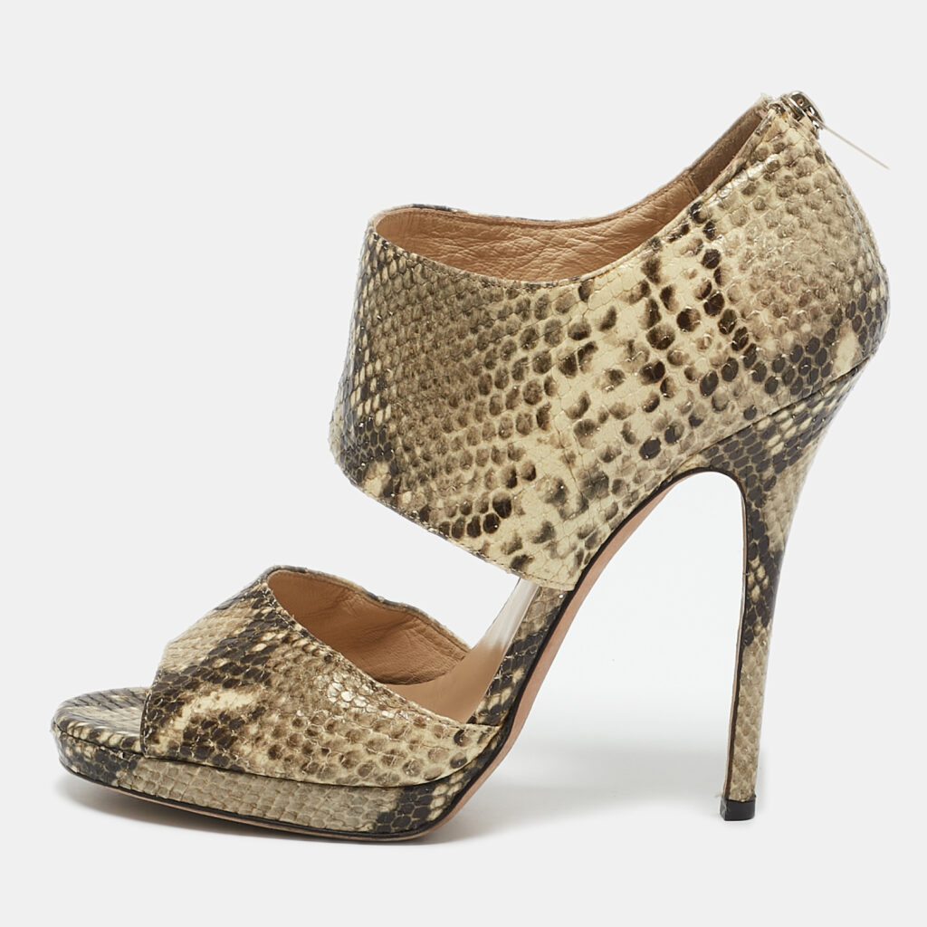 luxury-women-jimmy-choo-used-shoes-p1157959-002 Jimmy Choo Beige/Black Python Embossed Leather Ankle Strap Sandals Size 39.5