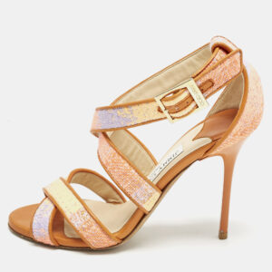 Jimmy Choo Multicolour Raffia And Leather Trim Strappy Sandals Size 35