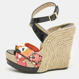 Jimmy Choo Multicolor Canvas and Patent Leather Wedge Sandals Size 38