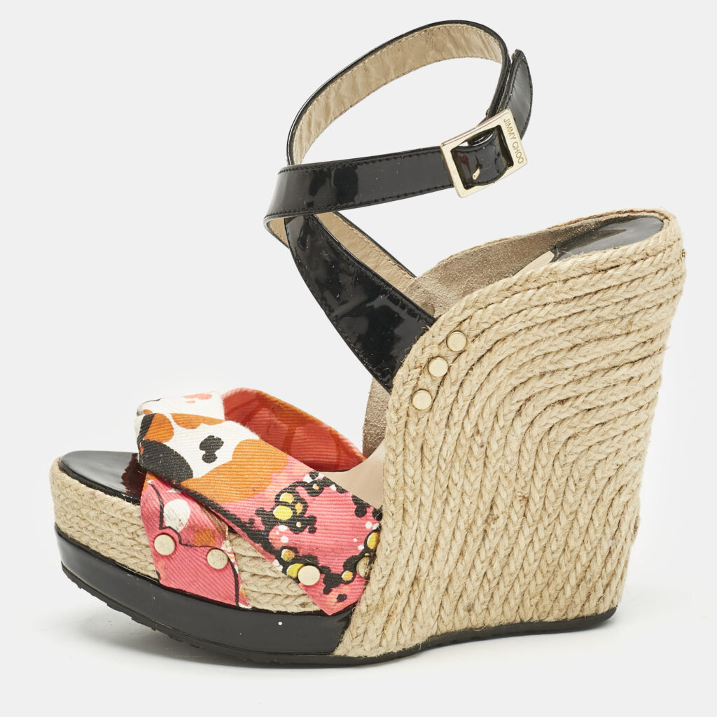luxury-women-jimmy-choo-used-shoes-p1159385-001 Jimmy Choo Multicolor Canvas and Patent Leather Wedge Sandals Size 38