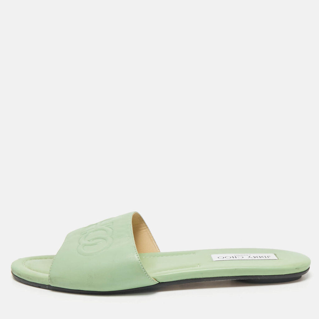 luxury-women-jimmy-choo-used-shoes-p1160283-010 Jimmy Choo Green Leather Minea Flat Slide Sandals Size 40
