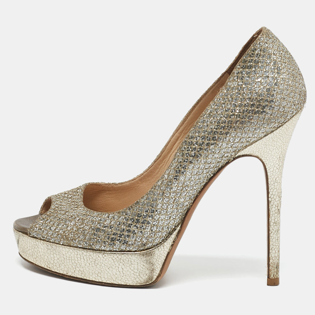 luxury-women-jimmy-choo-used-shoes-p1160498-001 Jimmy Choo Gold/Silver Glitter and Leather Luna Peep Toe Pumps Size 37