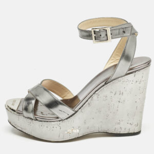 Jimmy Choo Silver Leather Crisscross Strap Wedge Sandals  Size 37.5