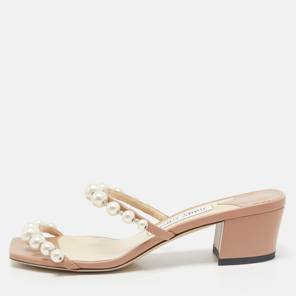 luxury-women-jimmy-choo-used-shoes-p1161377-010 Jimmy Choo Beige Leather Amara Slide Sandals Size 36