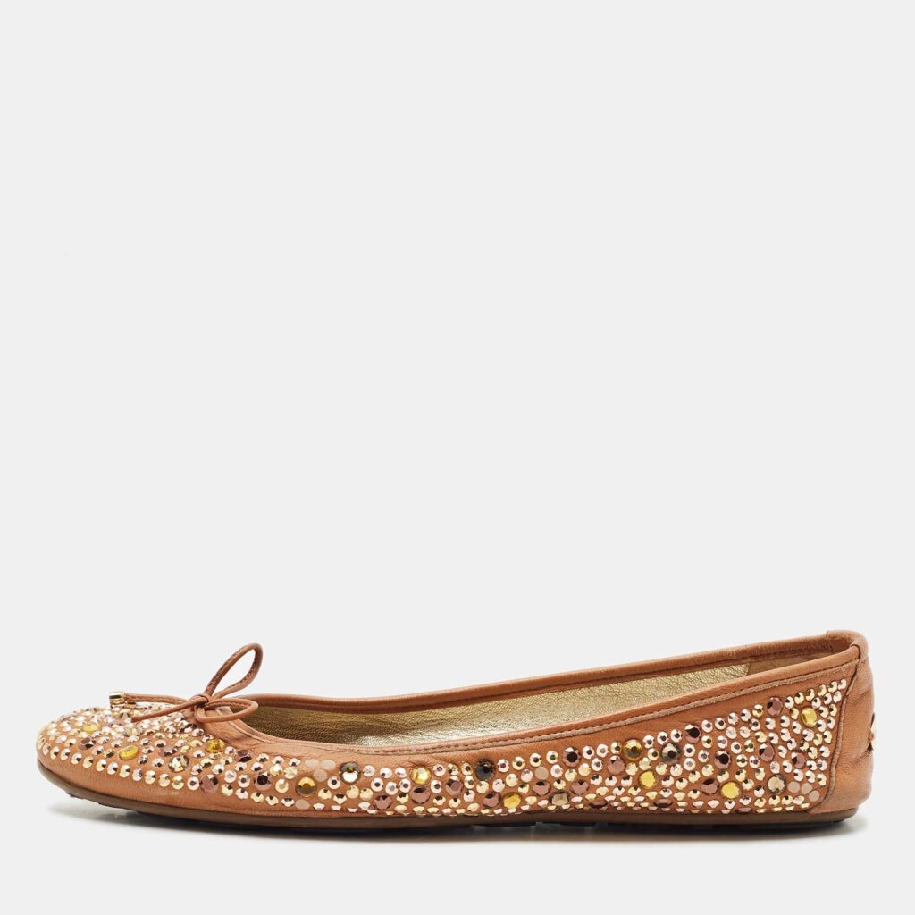 luxury-women-jimmy-choo-used-shoes-p1162149-003 Jimmy Choo Brown Leather Crystal Embellished Ballet Flats Size 40