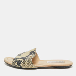 Jimmy Choo Black/Cream Python Embossed Leather Nanda Flat Slide Sandals Size 36.5