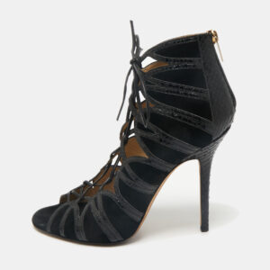 Jimmy Choo Black  Python Leather and Suede Ankle Strap Sandals Size 40.5