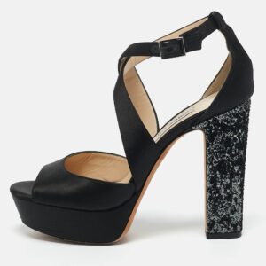 Jimmy Choo Black Glitter and Satin Carrie Ankle Strap Sandals Size 38.5