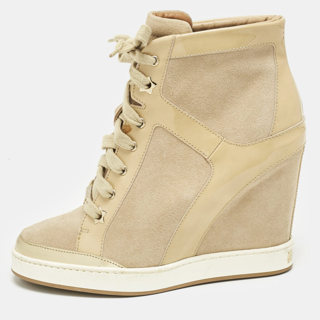 luxury-women-jimmy-choo-used-shoes-p1163293-001.jpg Jimmy Choo Beige Suede and Patent Leather Panama Wedge Sneakers Size 37.5