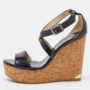 Jimmy Choo Black Patent Leather Portia Cork Platform Wedge Cross Strap Sandals Size 37