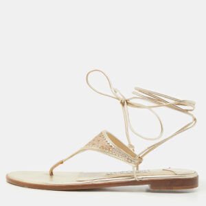 Jimmy Choo Gold Leather Narisa Lace Wrap Thong Flat Sandals Size 37