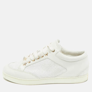 Jimmy Choo White Glitter and Leather Low Top Sneakers Size 40.5