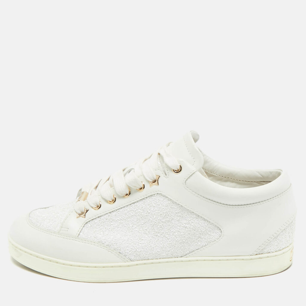 Jimmy Choo White Glitter and Leather Low Top Sneakers Size 40.5