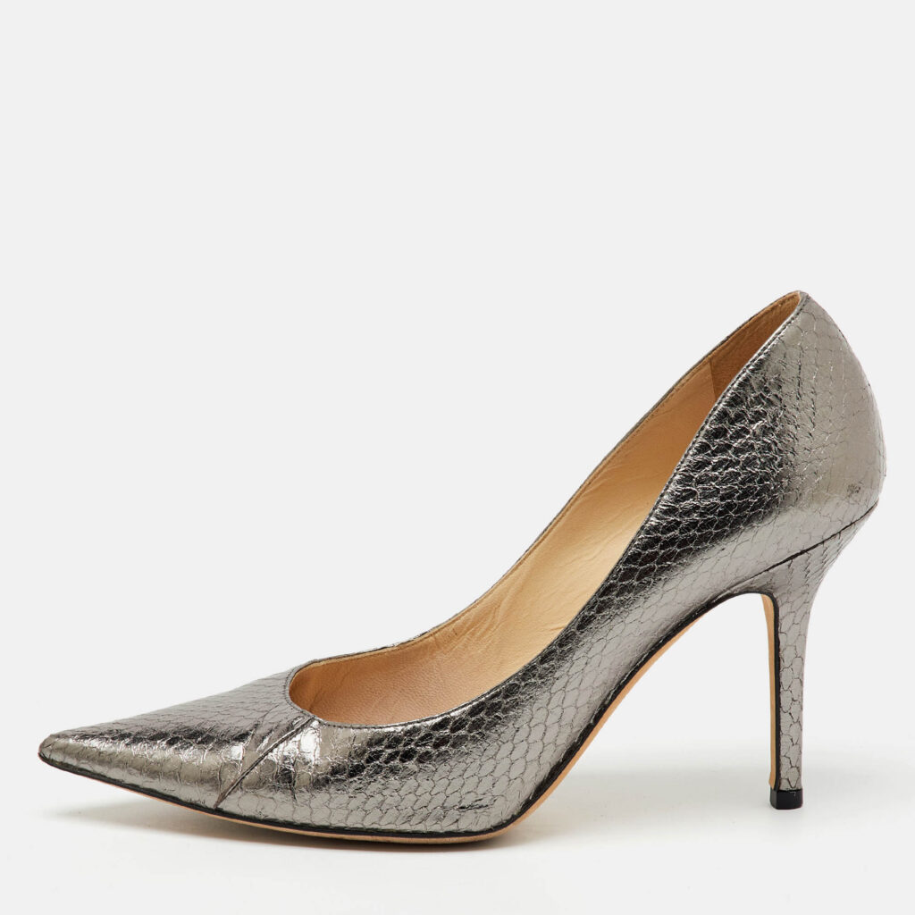 luxury-women-jimmy-choo-used-shoes-p1166836-010 Jimmy Choo Metallic Grey Python Embossed Leather Pointed Toe Pumps Size 37