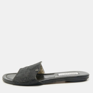 Jimmy Choo Metallic Black Glitter Nanda Flat Slides Size 38.5