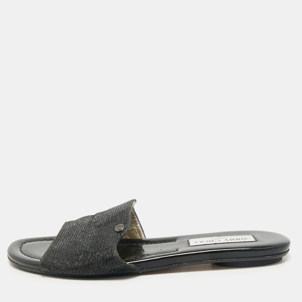 luxury-women-jimmy-choo-used-shoes-p1167377-010 Jimmy Choo Metallic Black Glitter Nanda Flat Slides Size 38.5