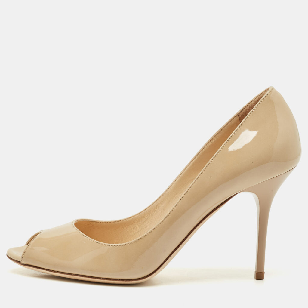 luxury-women-jimmy-choo-used-shoes-p1167408-002 Jimmy Choo Beige Patent Evelyn Peep Toe Pumps Size 36