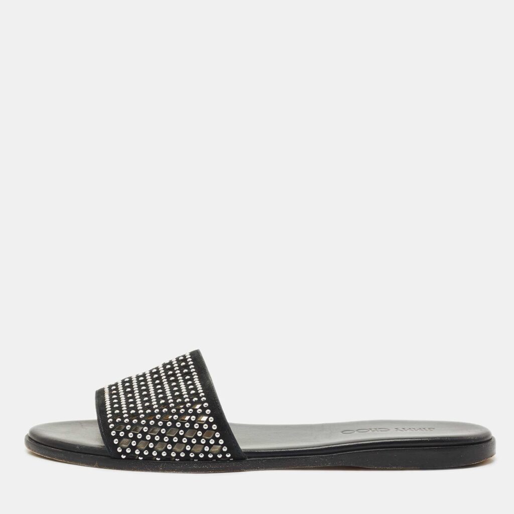luxury-women-jimmy-choo-used-shoes-p1168936-003 Jimmy Choo Black Leather and Suede Studded Minea Flat Slides Size 41