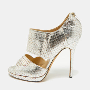 Jimmy Choo Metallic Silver Python Embossed Leather Private Peep Toe Sandals Size 40