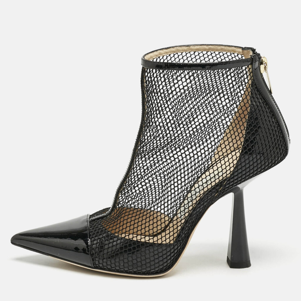 luxury-women-jimmy-choo-used-shoes-p1169126-010 Jimmy Choo Black Mesh and Patent Leather Kix Ankle Boots Size 37