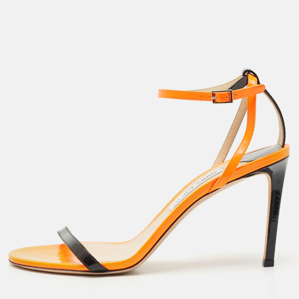 luxury-women-jimmy-choo-used-shoes-p1170161-009 Jimmy Choo Orange/Black Patent Leather Minny Ankle Strap Sandals Size 41