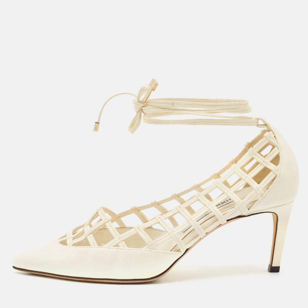 luxury-women-jimmy-choo-used-shoes-p1170176-010 Jimmy Choo White Leather Soraya Ankle Wrap Pumps Size 38