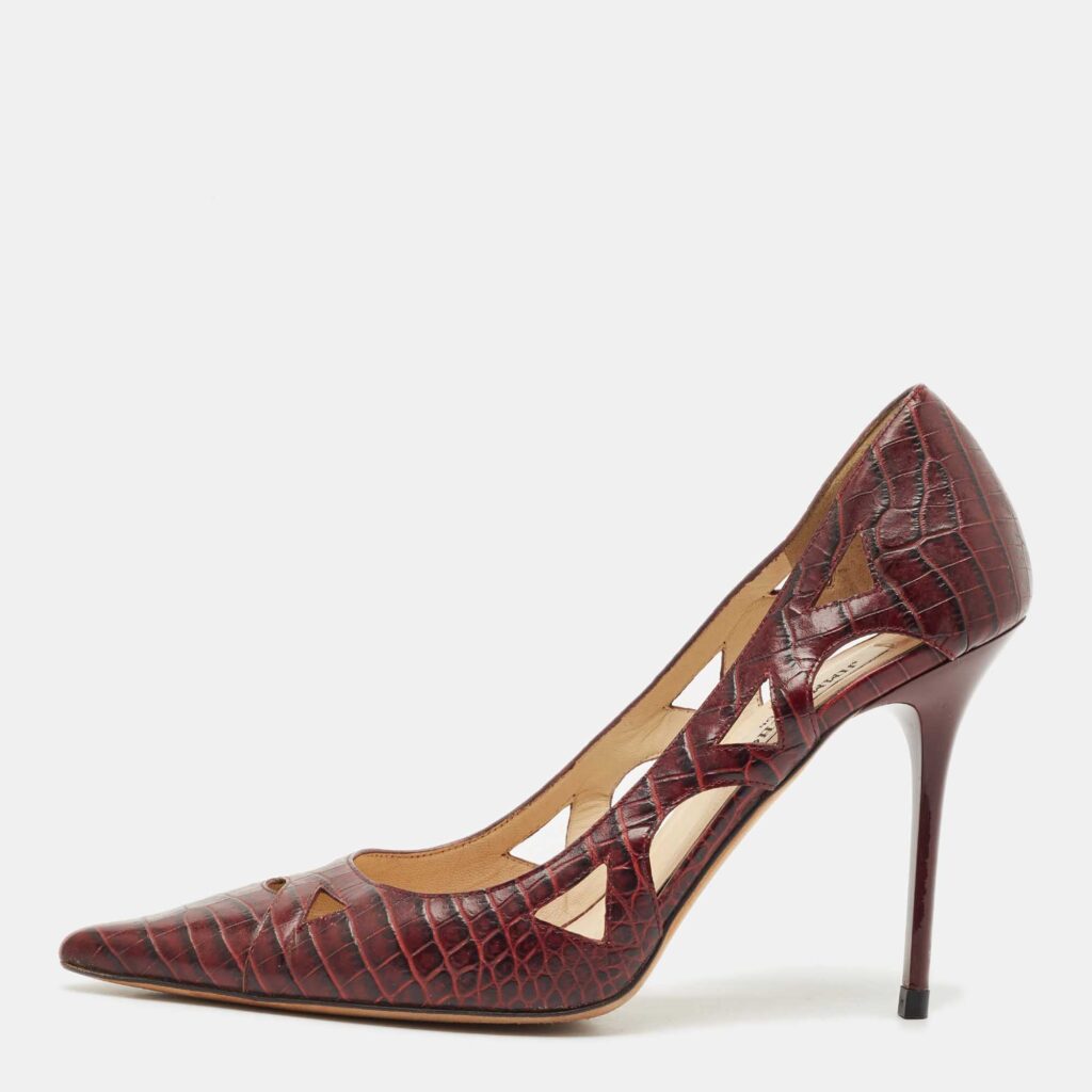 luxury-women-jimmy-choo-used-shoes-p1170264-003 Jimmy Choo Burgundy Croc Embossed Leather Love Pumps Size 39