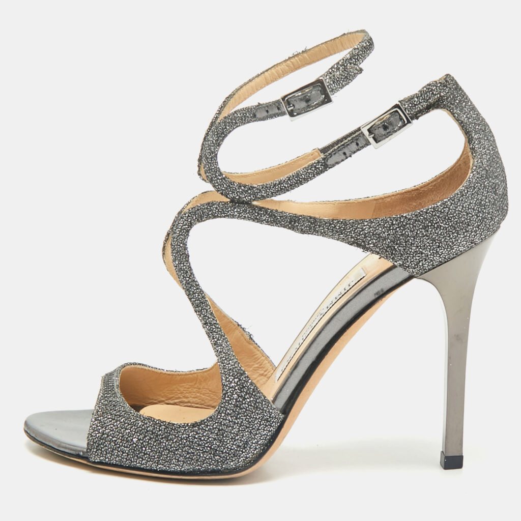 luxury-women-jimmy-choo-used-shoes-p1170405-001 Jimmy Choo Grey Lurex Fabric Azia Ankle Strap Sandals Size 36