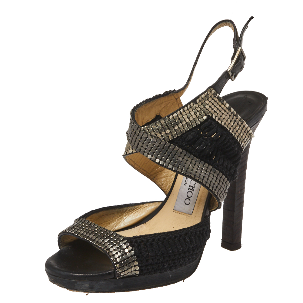 luxury-women-jimmy-choo-used-shoes-p364965-004 Jimmy Choo Black Chainmail and Fabric Peep Toe Slingback Sandals Size 36