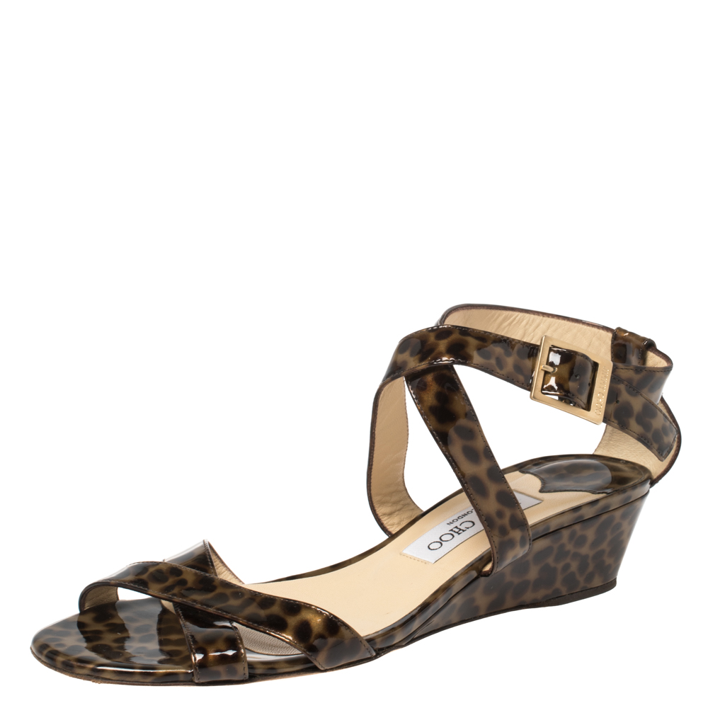 luxury-women-jimmy-choo-used-shoes-p366976-009 Jimmy Choo Two Tone Leopard Print Patent Leather Chiara Wedge Sandals Size 39