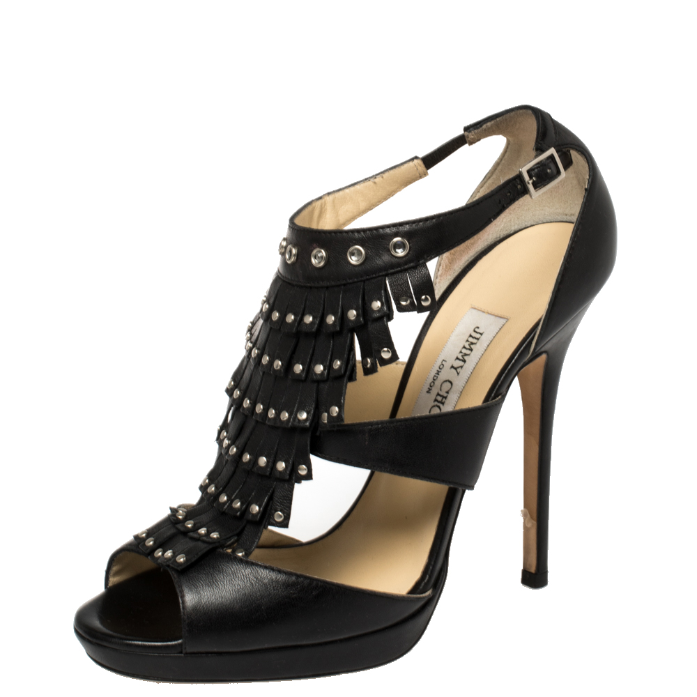 luxury-women-jimmy-choo-used-shoes-p377392-003 Jimmy Choo Black Leather Studded Fringe Platform Sandals Size 39
