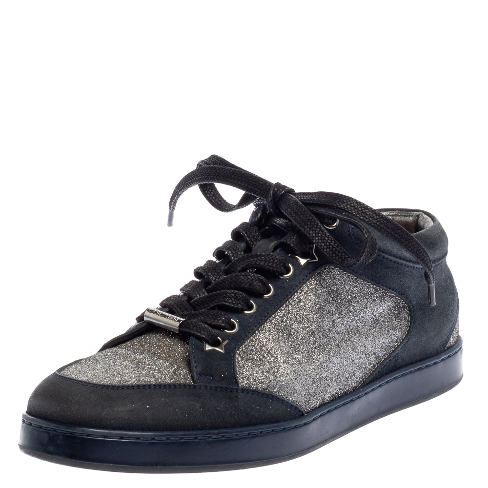 luxury-women-jimmy-choo-used-shoes-p387101-007 Jimmy Choo Blue Glitter And Suede Miami Low Top Sneakers Size 38