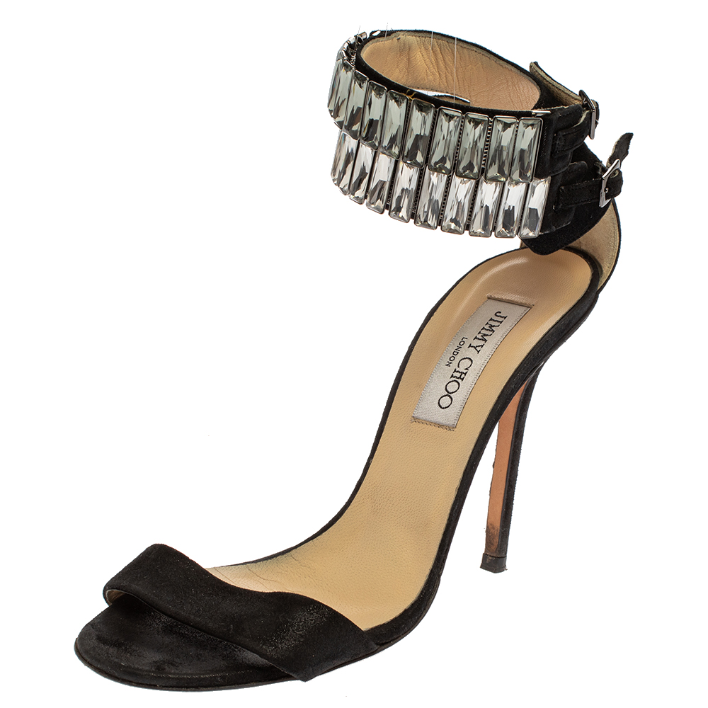 luxury-women-jimmy-choo-used-shoes-p389643-007 Jimmy Choo Black Glitter Nubuck Crystal Embellished Ankle Cuff Sandals Size 38.5