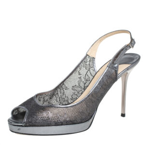 Jimmy Choo Metallic Silver Lace And Leather Nova Sandals Size 40