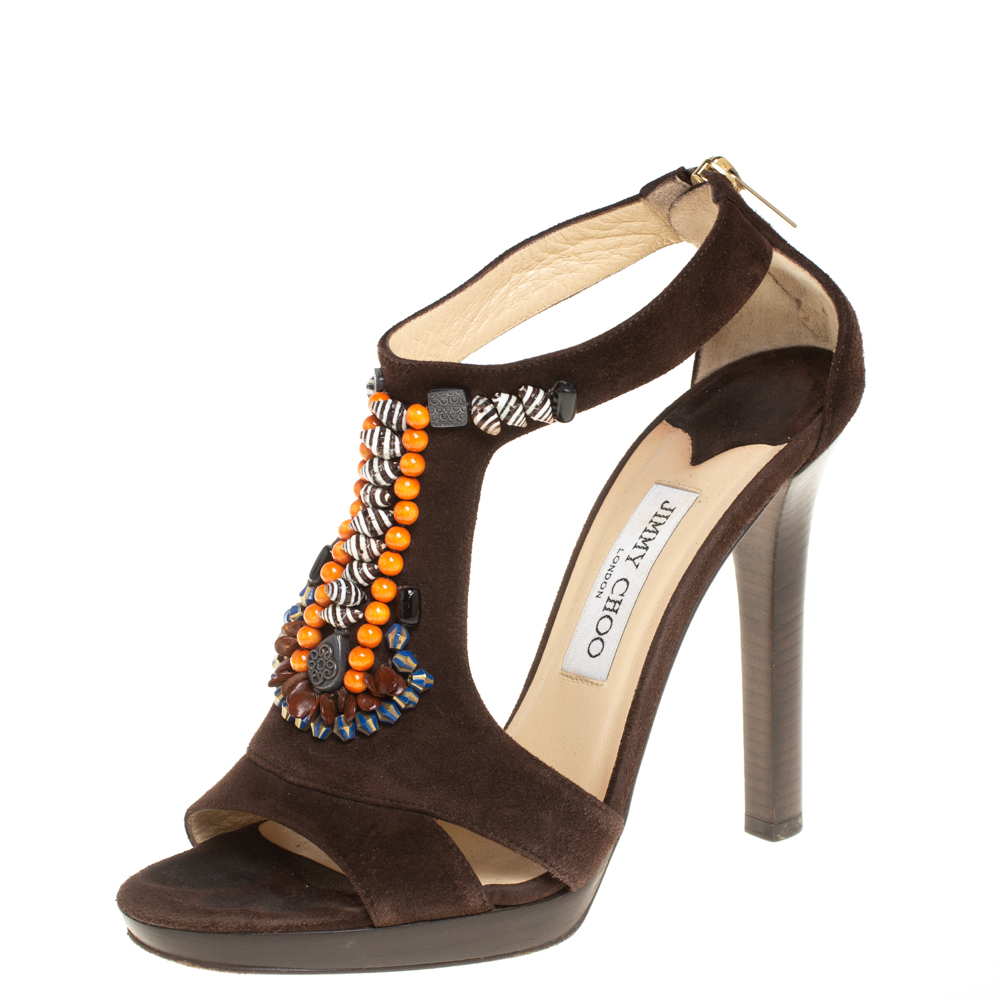 luxury-women-jimmy-choo-used-shoes-p404584-007 Jimmy Choo Brown Suede Beaded T-strap Tribal Sandals Size 38.5