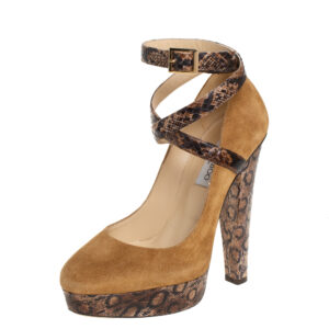 Jimmy Choo Beige/Brown Suede And Python Ankle Strap Platform Pumps Size 39