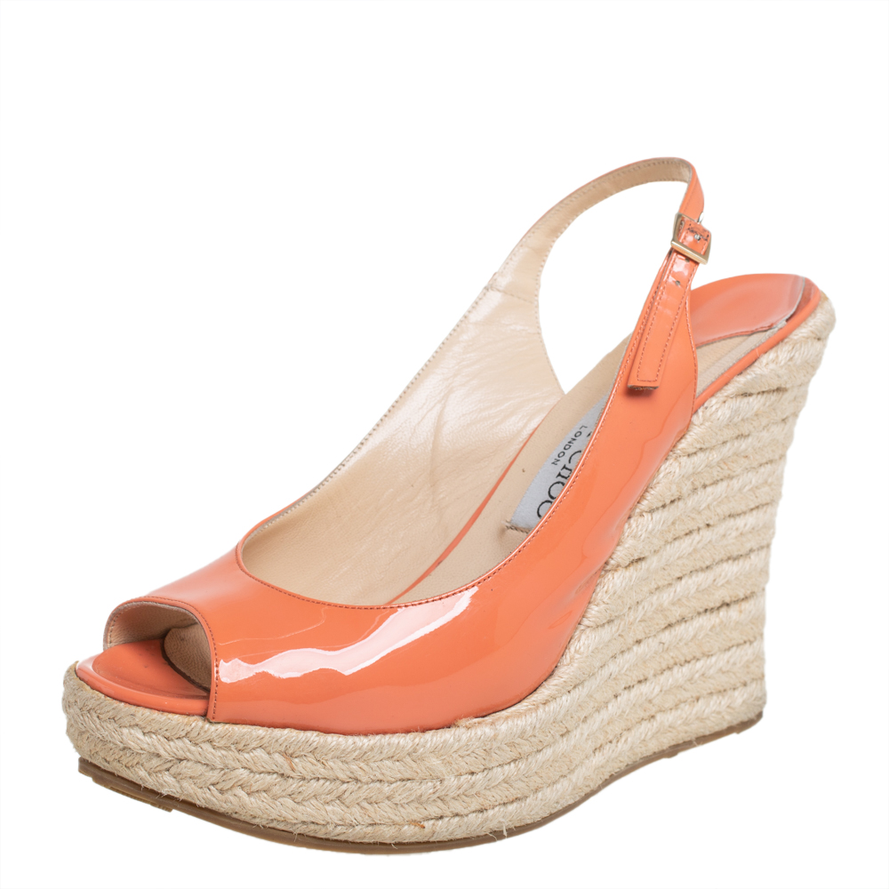 luxury-women-jimmy-choo-used-shoes-p404776-003 Jimmy Choo Orange Patent Leather Espadrille Wedge Slingback Sandals Size 38.5