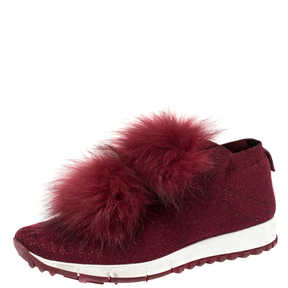 luxury-women-jimmy-choo-used-shoes-p428982-007-2 Jimmy Choo Burgundy Knit Fabric And Fur Pom Pom Norway Sneakers Size 38