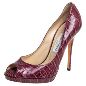 Jimmy Choo Burgundy Croc Embossed Leather  Peep Toe Pumps Size 39