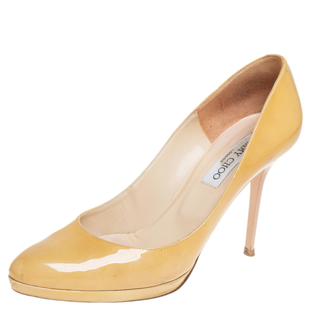 luxury-women-jimmy-choo-used-shoes-p460864-008 Jimmy Choo Yellow Patent Leather Cosmic Platform Pumps Size 39.5