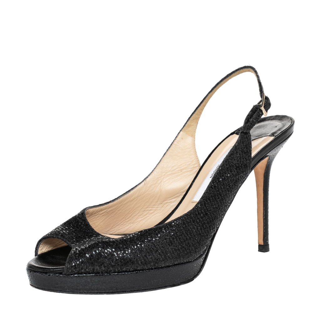 luxury-women-jimmy-choo-used-shoes-p479112-001 Jimmy Choo Black Glitter And Lurex Fabric Nova Peep Toe Slingback Sandals Size 38