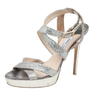 Jimmy Choo Metallic Gold Glitter Fabric Vamp Platform Strappy Sandals Size 40