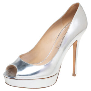 Jimmy Choo Silver Leather Platform Peep Toe Pumps Size 38