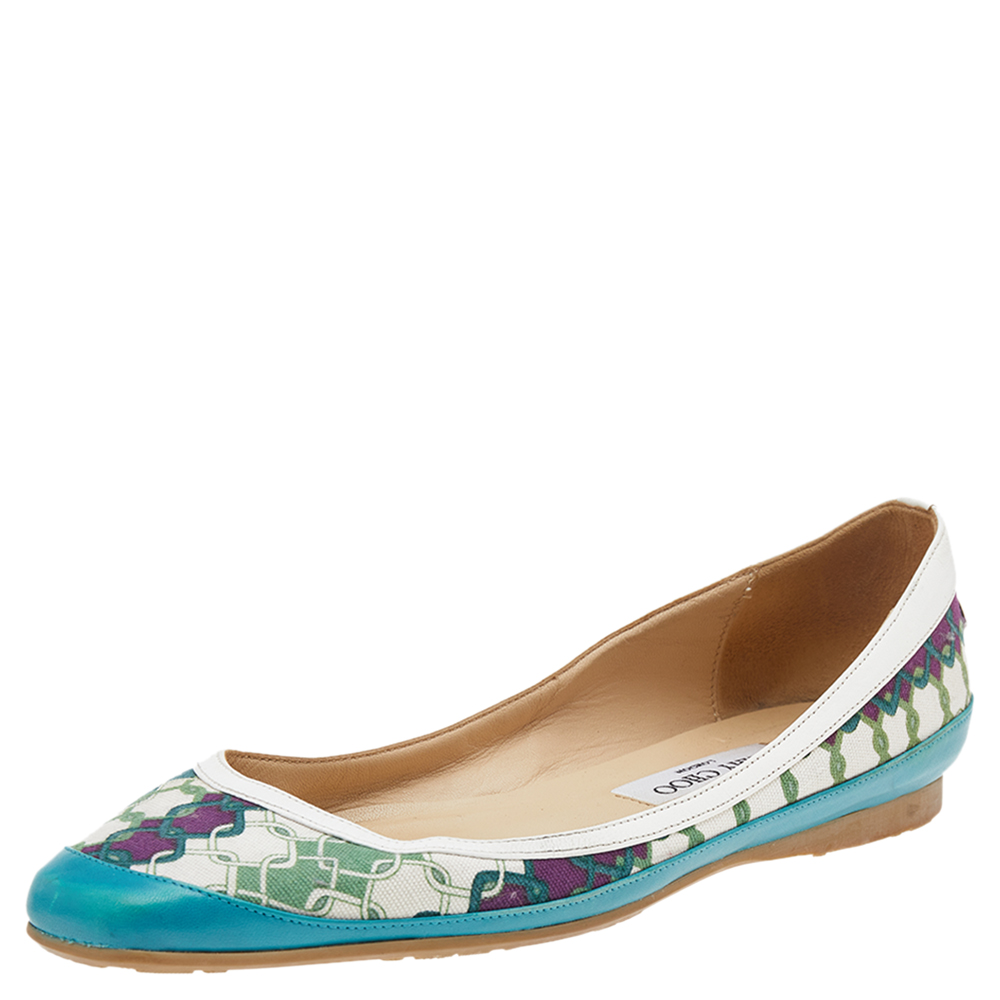 luxury-women-jimmy-choo-used-shoes-p551404-005-2 Jimmy Choo Green Printed Canvas And Leather Flats Size 39