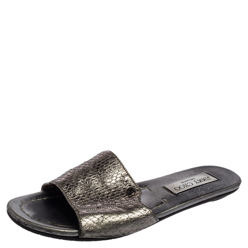 Jimmy Choo Grey Snakeskin Leather Nanda Flat Slide Sandals Size 36