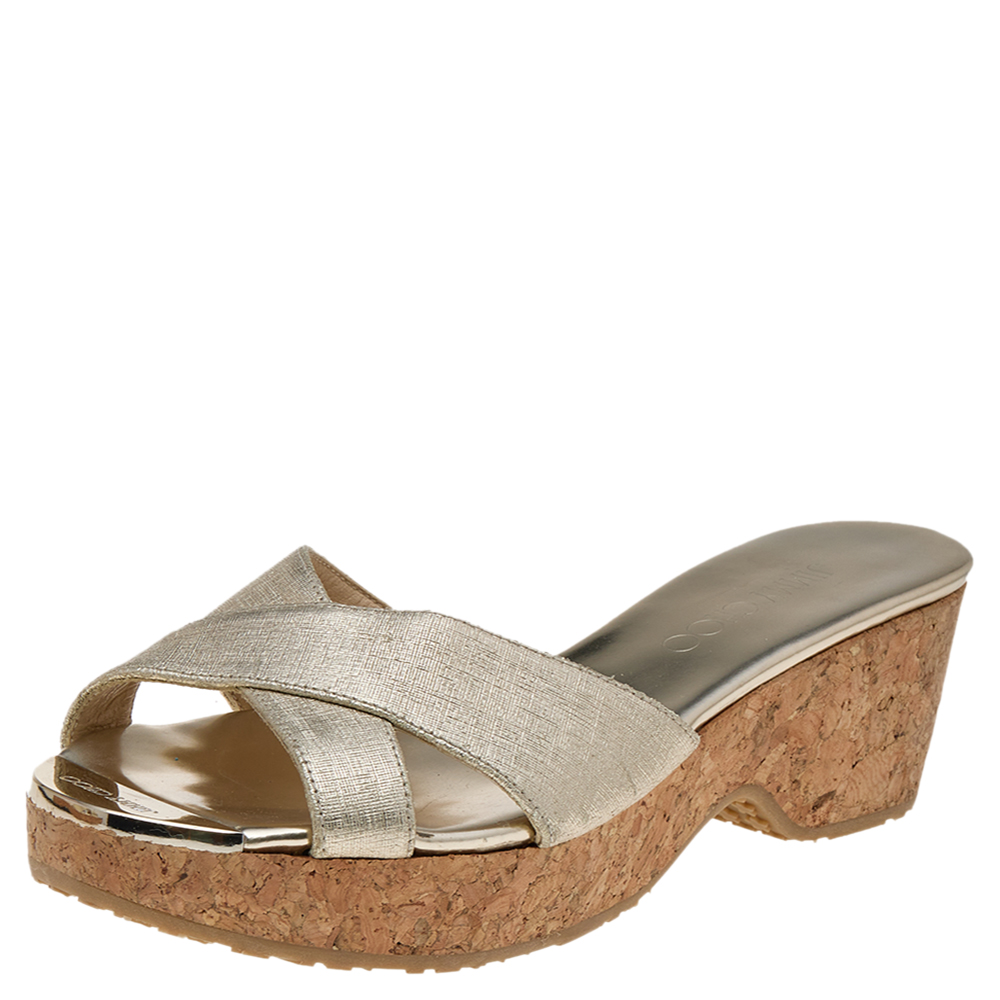 luxury-women-jimmy-choo-used-shoes-p569235-001-1 Jimmy Choo Gold Leather Cork Wedge Platform Sandals Size 36
