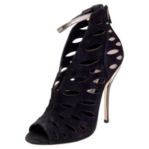 Jimmy Choo Black/Grey Suede And Leather Drift Cutout Peep Toe Booties Size 38.5