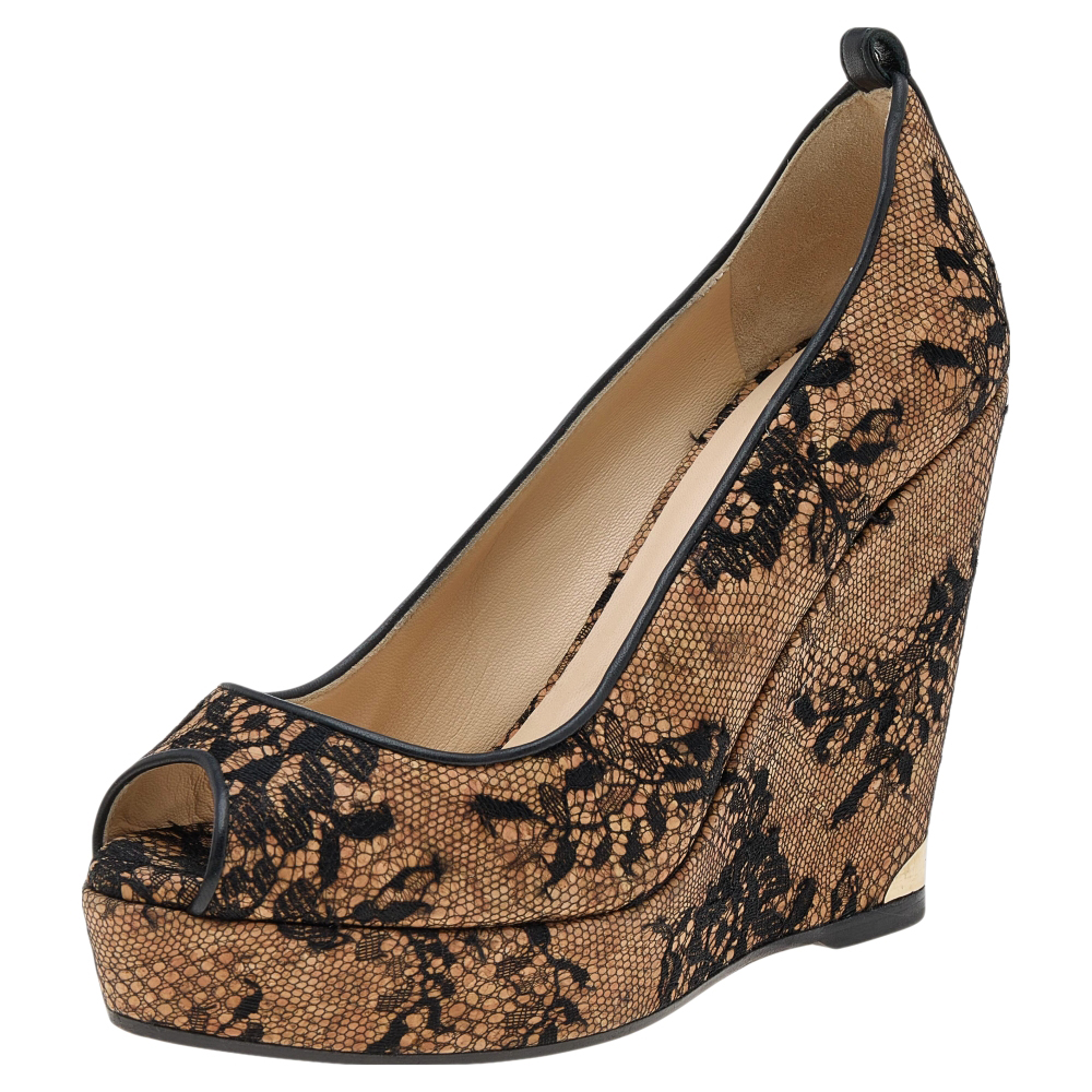 luxury-women-jimmy-choo-used-shoes-p587066-007-2 Jimmy Choo Beige/Black Lace And Cork Pacific Platform Peep Toe Pumps Size 38