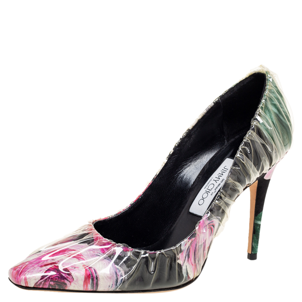 Jimmy Choo Multicolor PVC And Satin Floral Jacquard Pumps Size 39