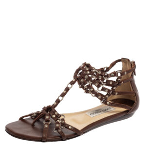 Jimmy Choo Brown Leather Studded Caged T-Strap Flat Sandals Size 37.5